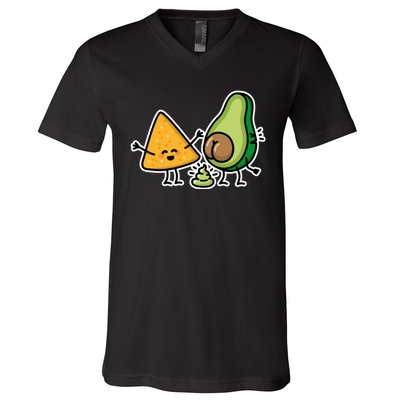 Pooping Avocado Tortilla Chips Guacamole Guac Turd Vegan V-Neck T-Shirt