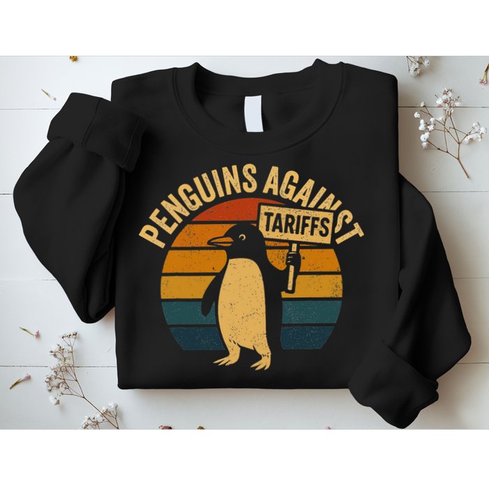 Penguins Against Tariffs Retro Funny Protest Sweatshirt