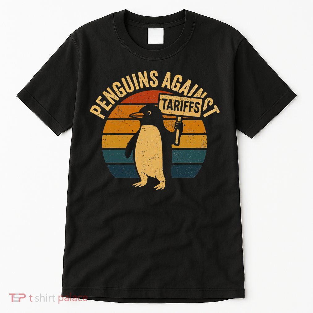 Penguins Against Tariffs Retro Funny Protest Tall T-Shirt