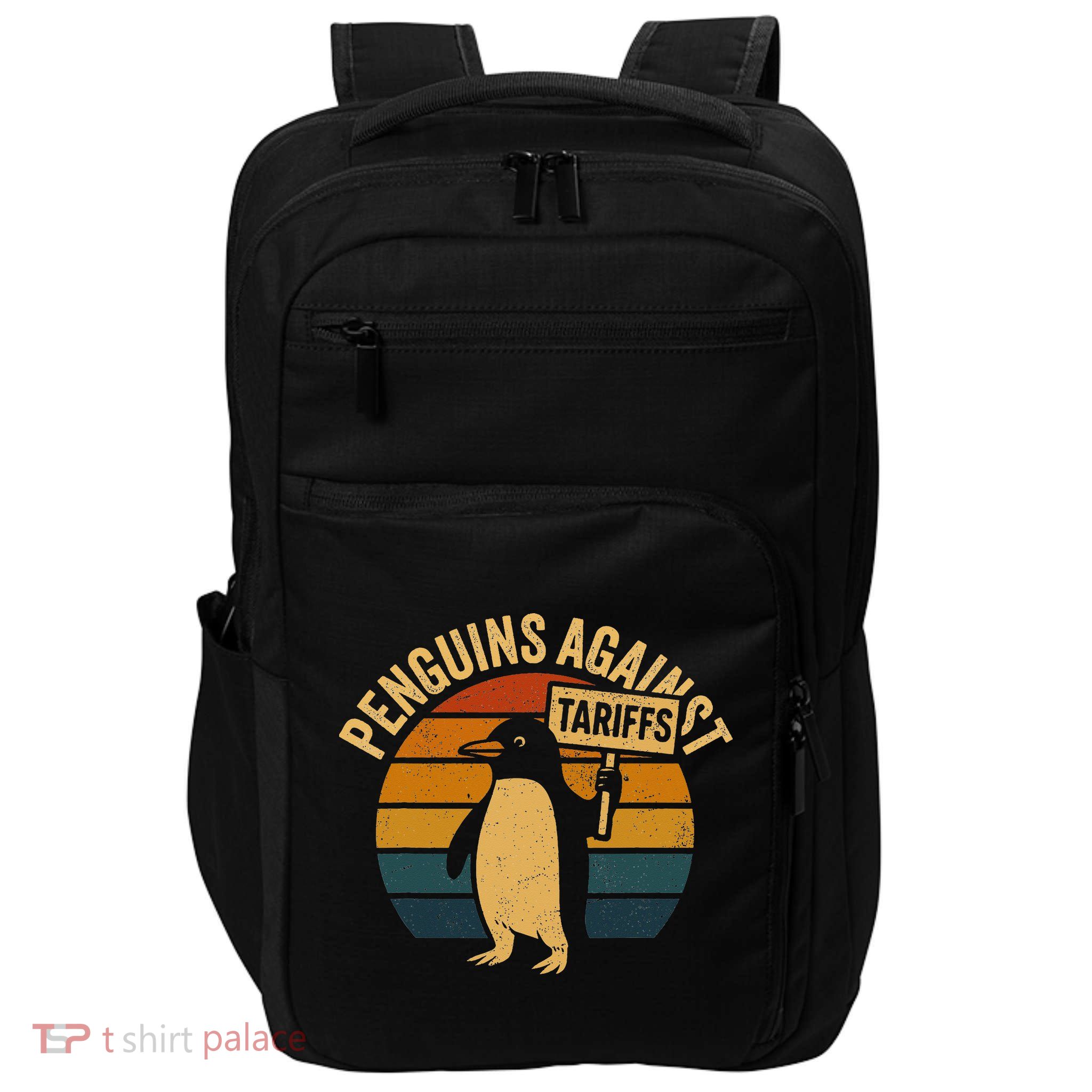 Penguins Against Tariffs Retro Funny Protest Impact Tech Backpack
