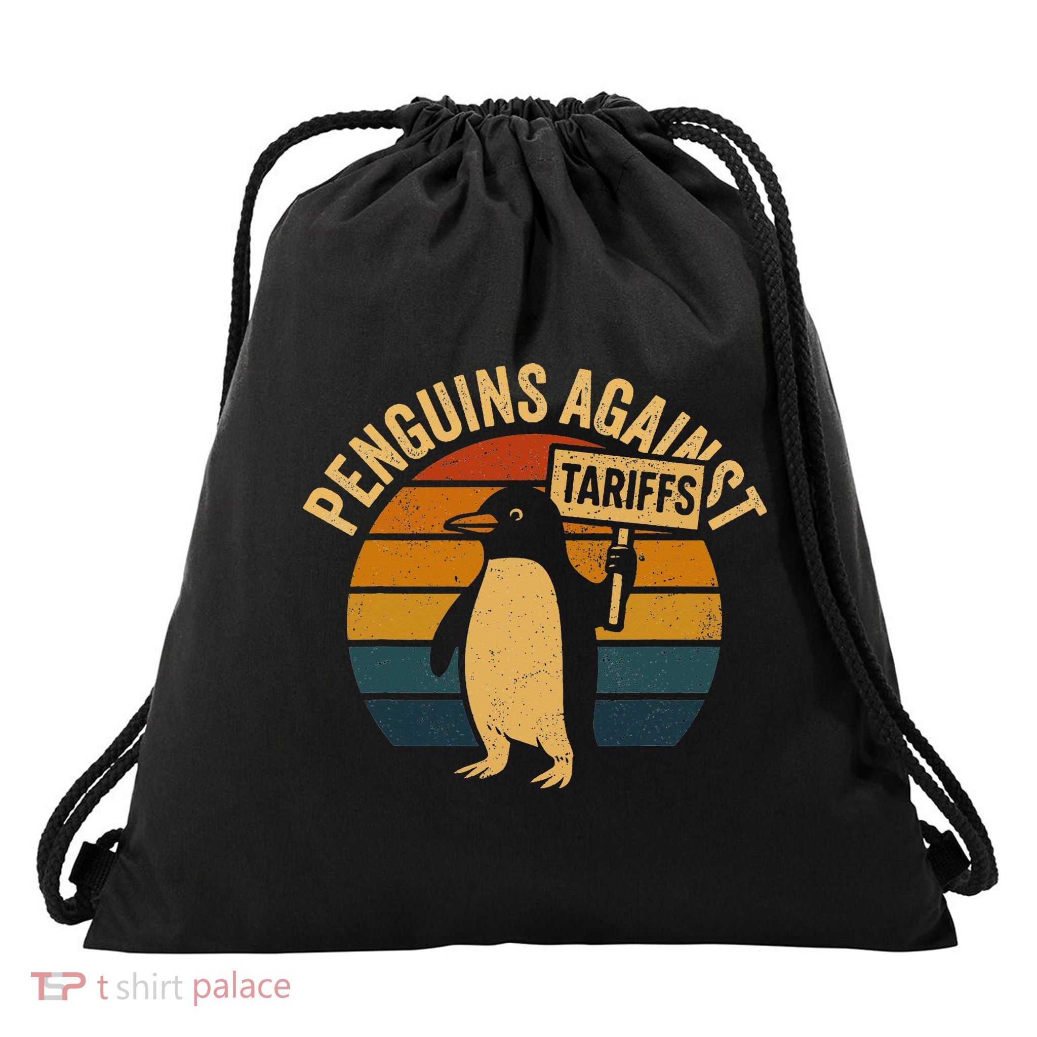 Penguins Against Tariffs Retro Funny Protest Drawstring Bag