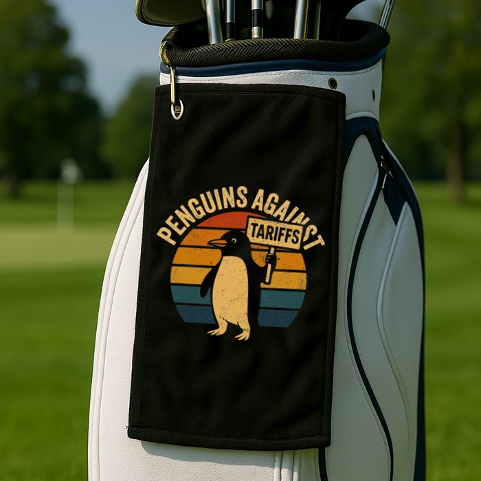 Penguins Against Tariffs Retro Funny Protest Golf Towel