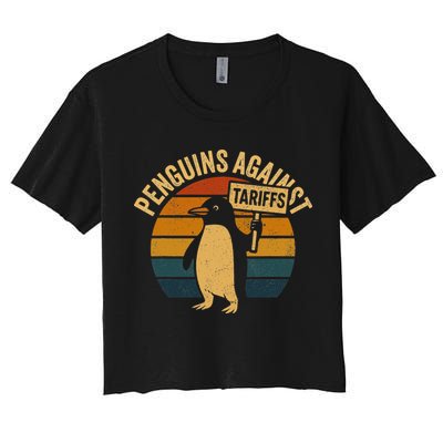 Penguins Against Tariffs Retro Funny Protest Crop Top