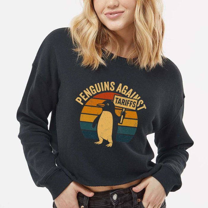 Penguins Against Tariffs Retro Funny Protest Cropped Pullover Crew