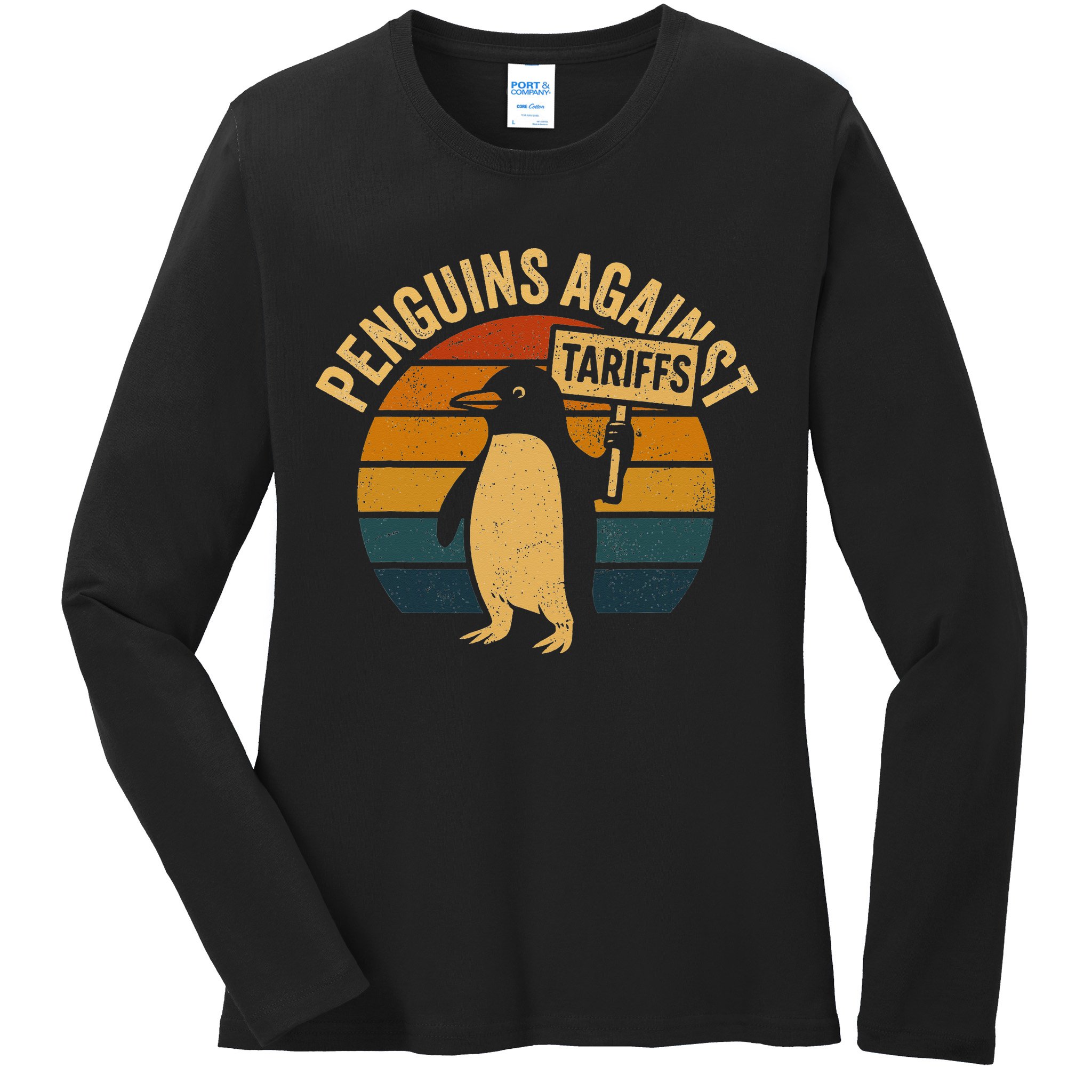 Penguins Against Tariffs Retro Funny Protest Ladies Long Sleeve Shirt