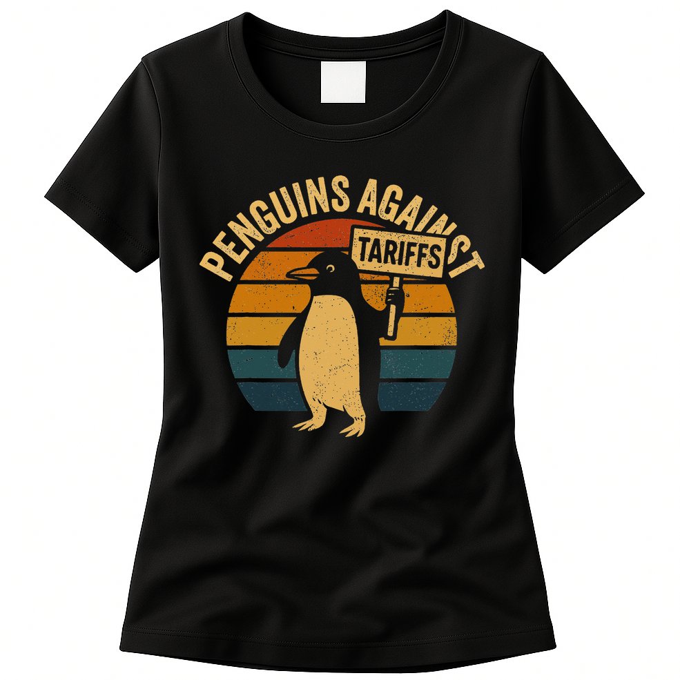 Penguins Against Tariffs Retro Funny Protest Womens T-Shirt