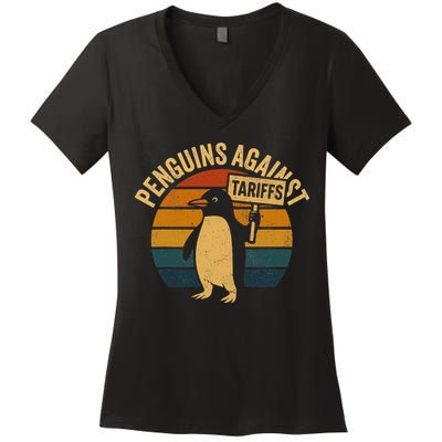 Penguins Against Tariffs Retro Funny Protest Women's V-Neck T-Shirt