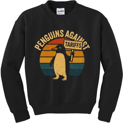 Penguins Against Tariffs Retro Funny Protest Kids Sweatshirt
