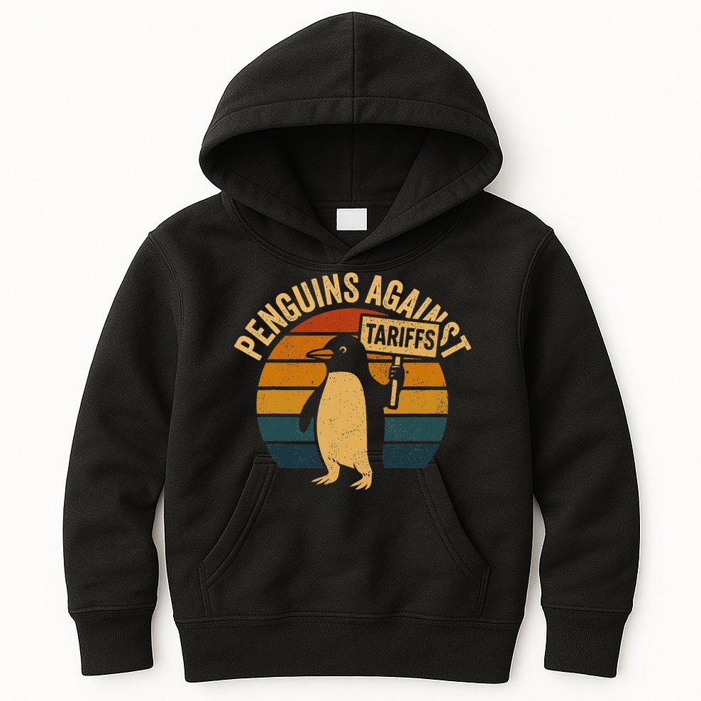 Penguins Against Tariffs Retro Funny Protest Kids Hoodie