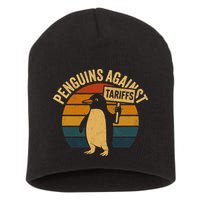 Penguins Against Tariffs Retro Funny Protest Short Acrylic Beanie