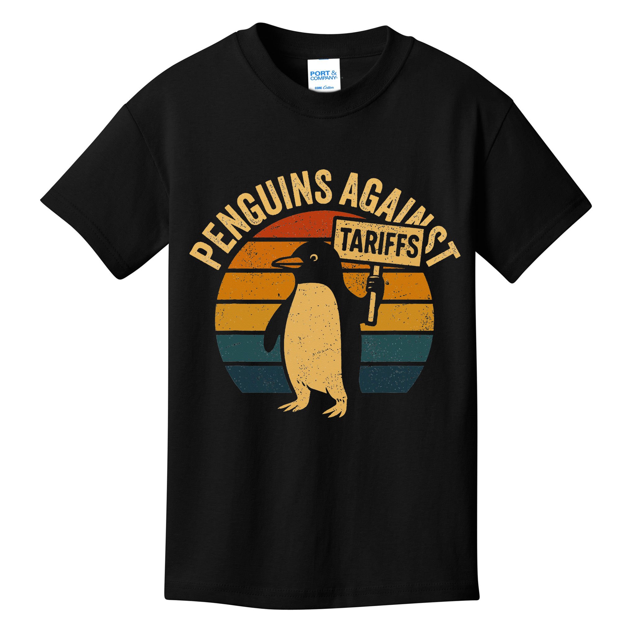 Penguins Against Tariffs Retro Funny Protest Kids T-Shirt