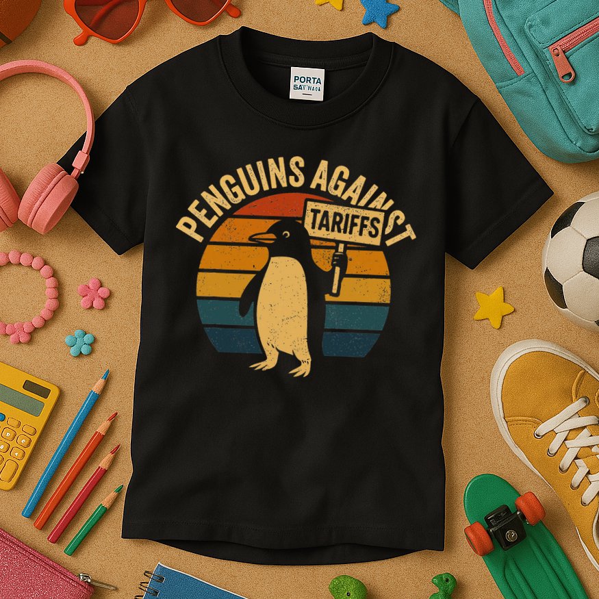 Penguins Against Tariffs Retro Funny Protest Kids T-Shirt