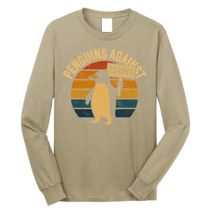 Penguins Against Tariffs Retro Funny Protest Long Sleeve Shirt