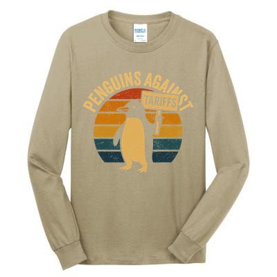 Penguins Against Tariffs Retro Funny Protest Tall Long Sleeve T-Shirt