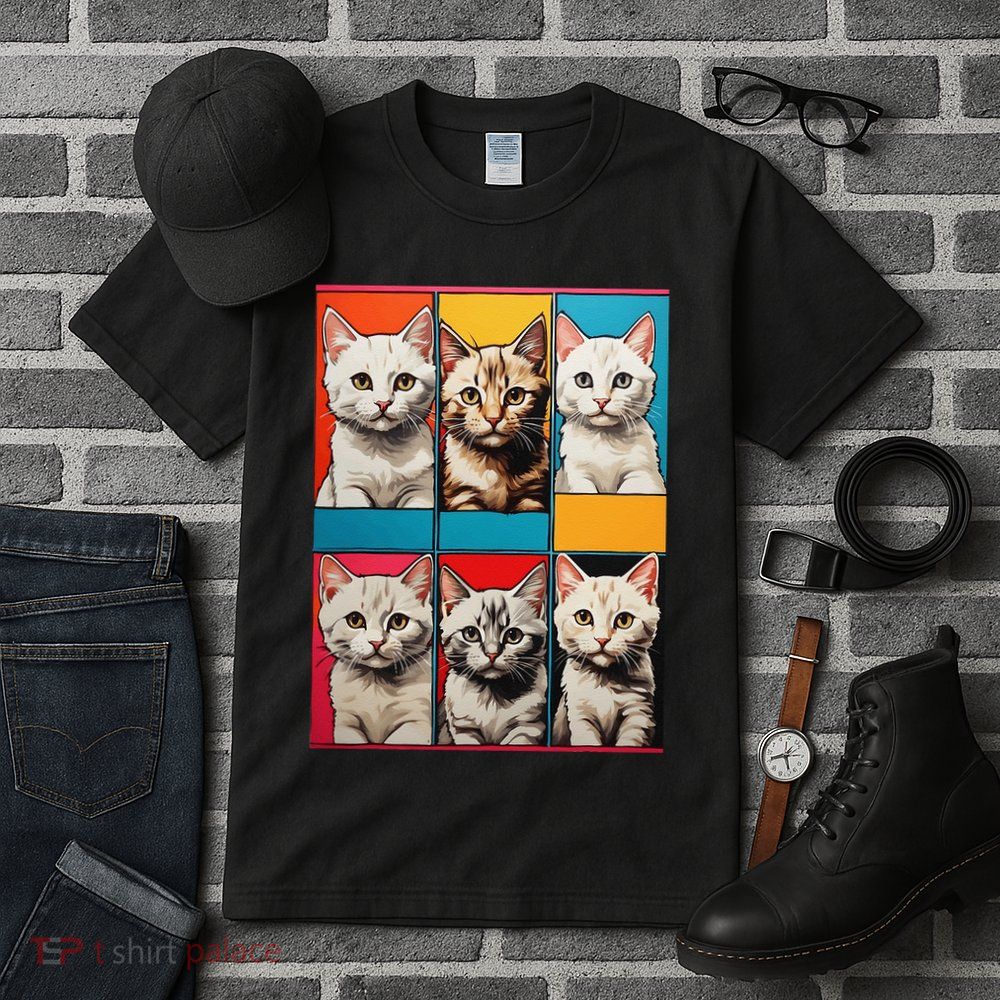 Pop Art Tabby Grid Colorful Feline Cat Faces Collage .Png Tall T-Shirt