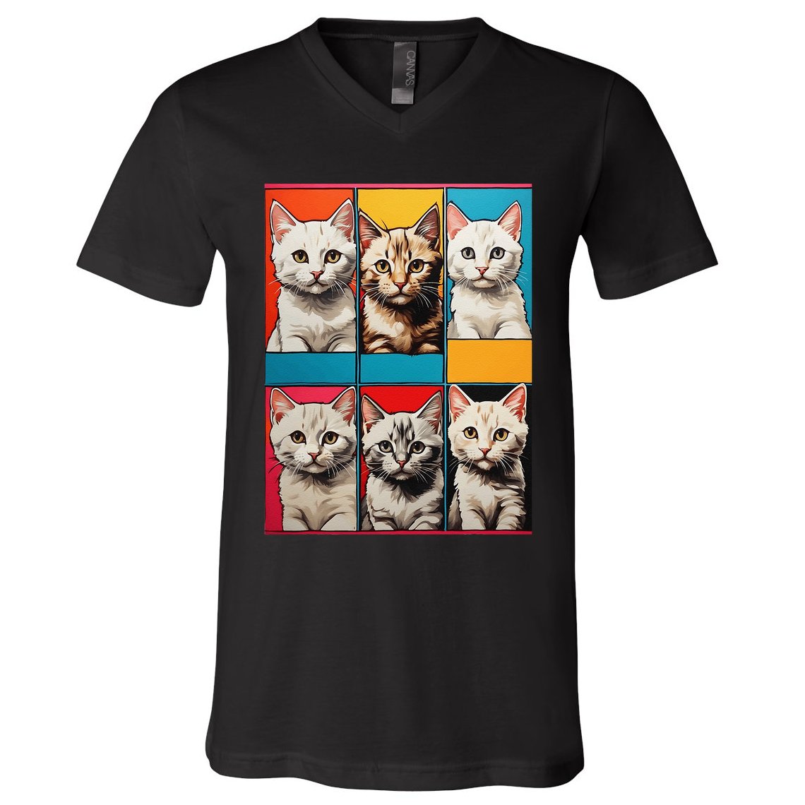 Pop Art Tabby Grid Colorful Feline Cat Faces Collage .Png V-Neck T-Shirt