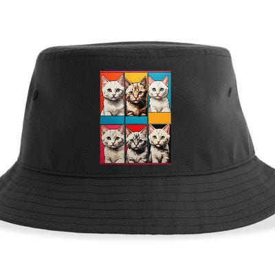 Pop Art Tabby Grid Colorful Feline Cat Faces Collage .Png Sustainable Bucket Hat