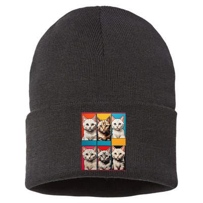 Pop Art Tabby Grid Colorful Feline Cat Faces Collage .Png Sustainable Knit Beanie
