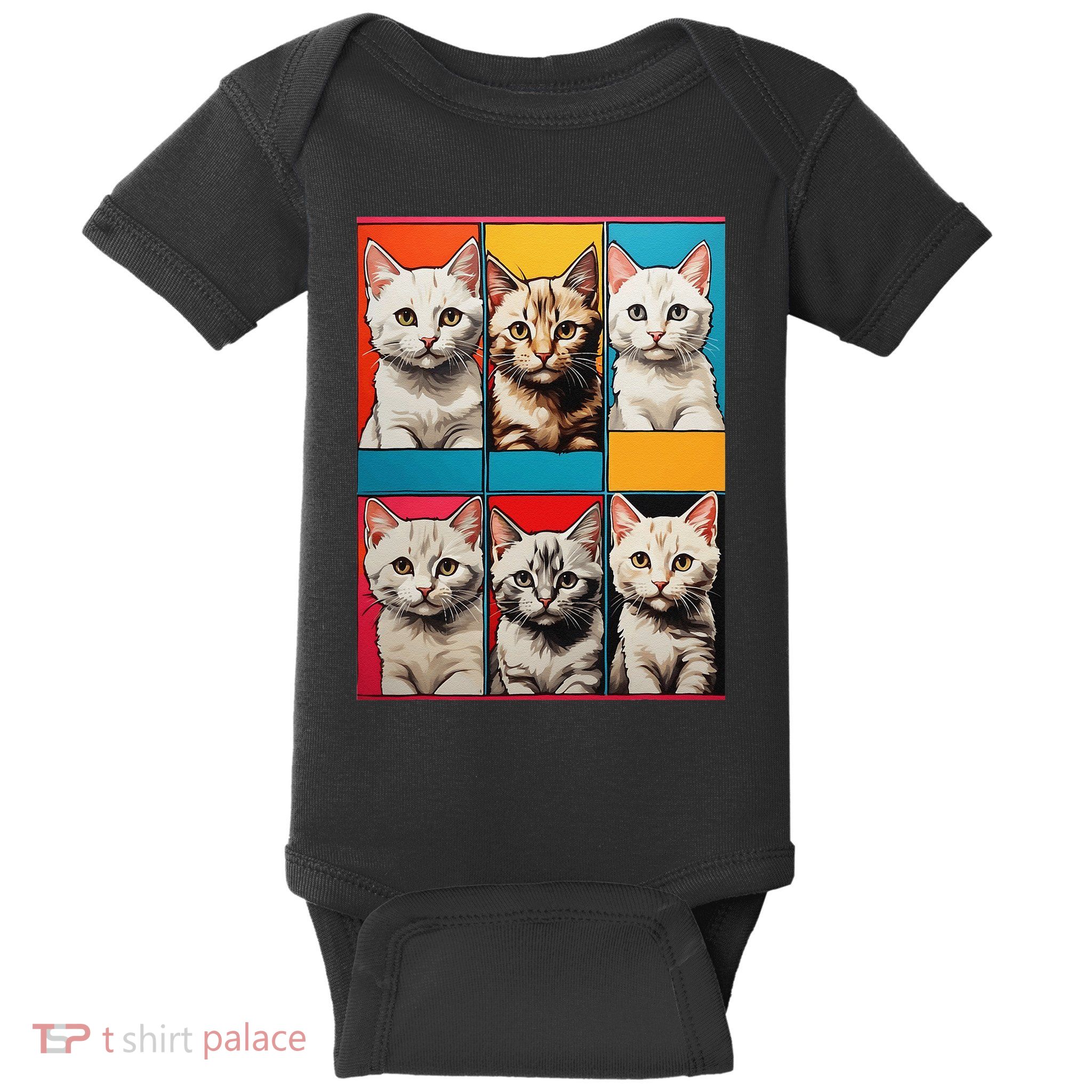 Pop Art Tabby Grid Colorful Feline Cat Faces Collage .Png Baby Bodysuit