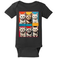 Pop Art Tabby Grid Colorful Feline Cat Faces Collage .Png Baby Bodysuit