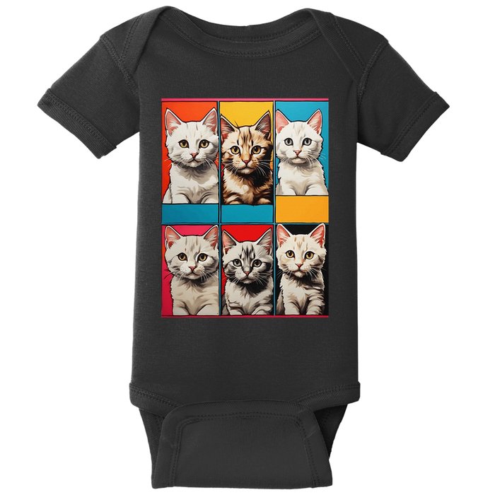 Pop Art Tabby Grid Colorful Feline Cat Faces Collage .Png Baby Bodysuit