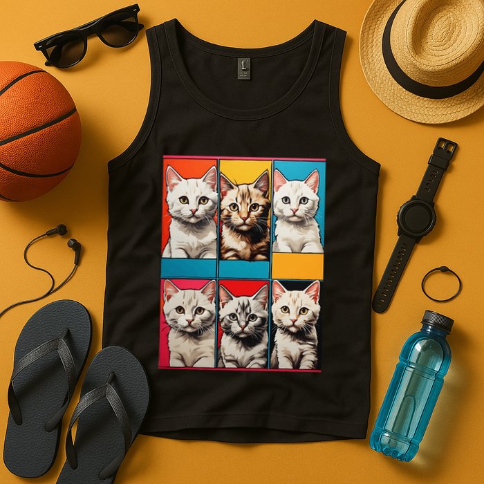 Pop Art Tabby Grid Colorful Feline Cat Faces Collage .Png Tank Top