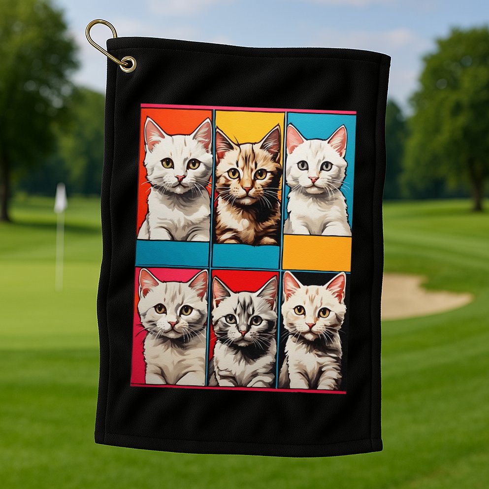 Pop Art Tabby Grid Colorful Feline Cat Faces Collage .Png Golf Towel