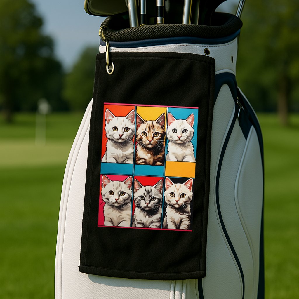 Pop Art Tabby Grid Colorful Feline Cat Faces Collage .Png Golf Towel