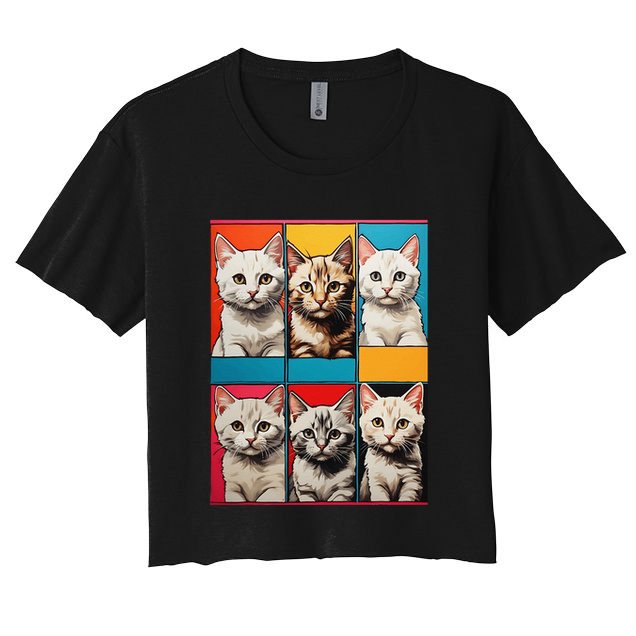 Pop Art Tabby Grid Colorful Feline Cat Faces Collage .Png Crop Top