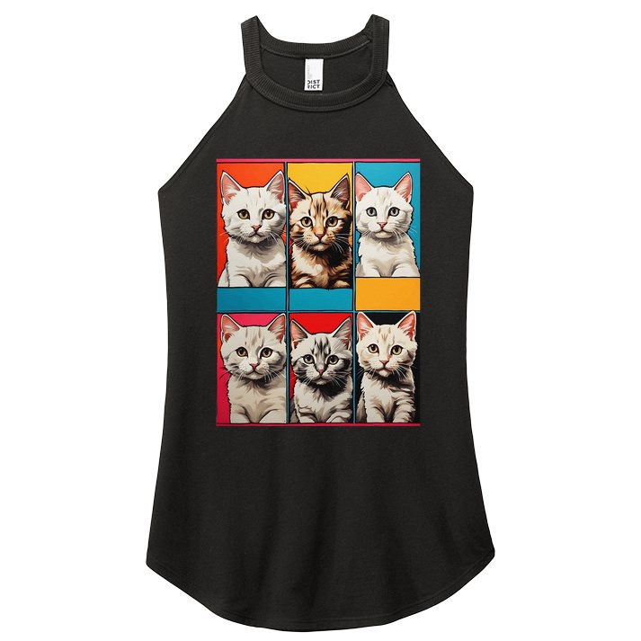 Pop Art Tabby Grid Colorful Feline Cat Faces Collage .Png Women's Perfect Tri Rocker Tank