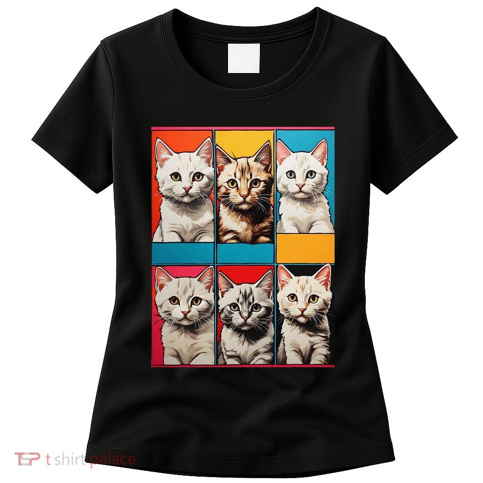 Pop Art Tabby Grid Colorful Feline Cat Faces Collage .Png Womens T-Shirt