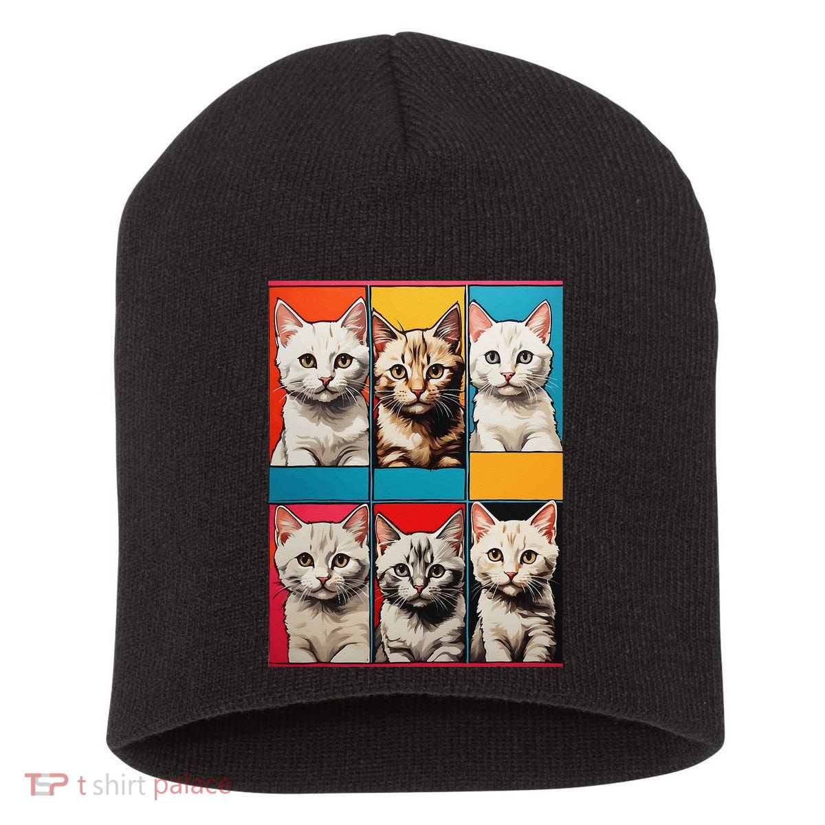 Pop Art Tabby Grid Colorful Feline Cat Faces Collage .Png Short Acrylic Beanie