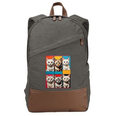 Pop Art Tabby Grid Colorful Feline Cat Faces Collage .Png Cotton Canvas Backpack