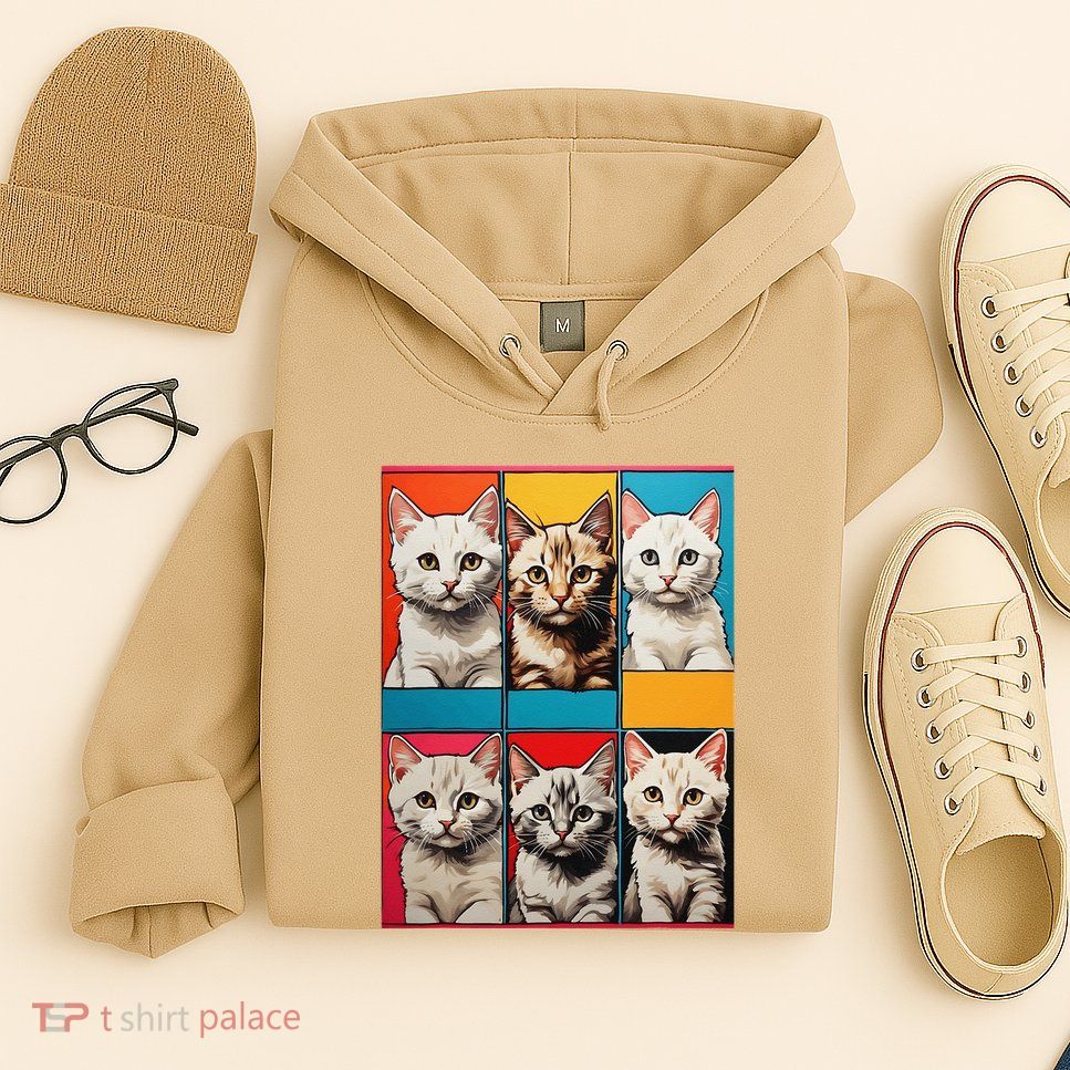 Pop Art Tabby Grid Colorful Feline Cat Faces Collage .Png Hoodie