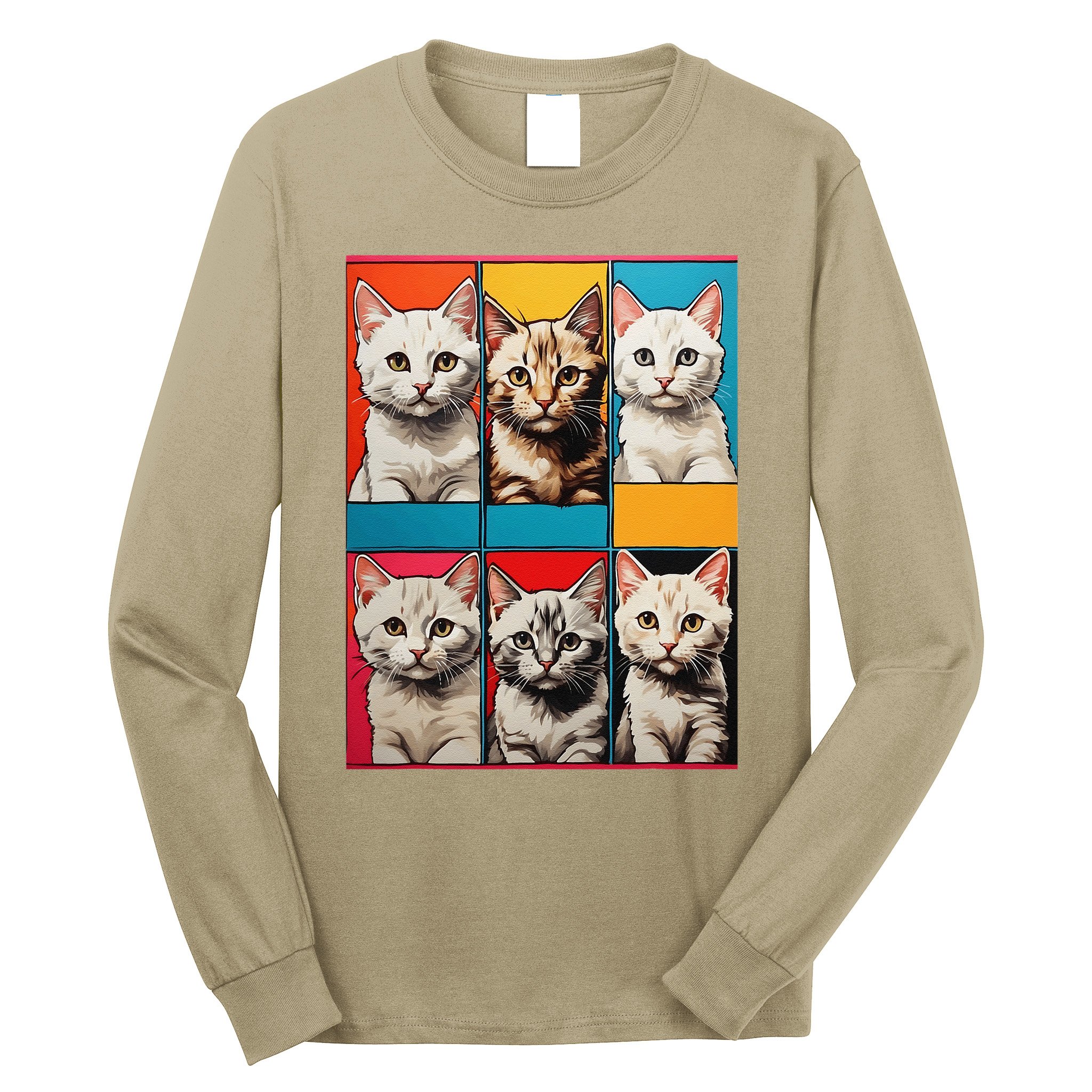 Pop Art Tabby Grid Colorful Feline Cat Faces Collage .Png Long Sleeve Shirt