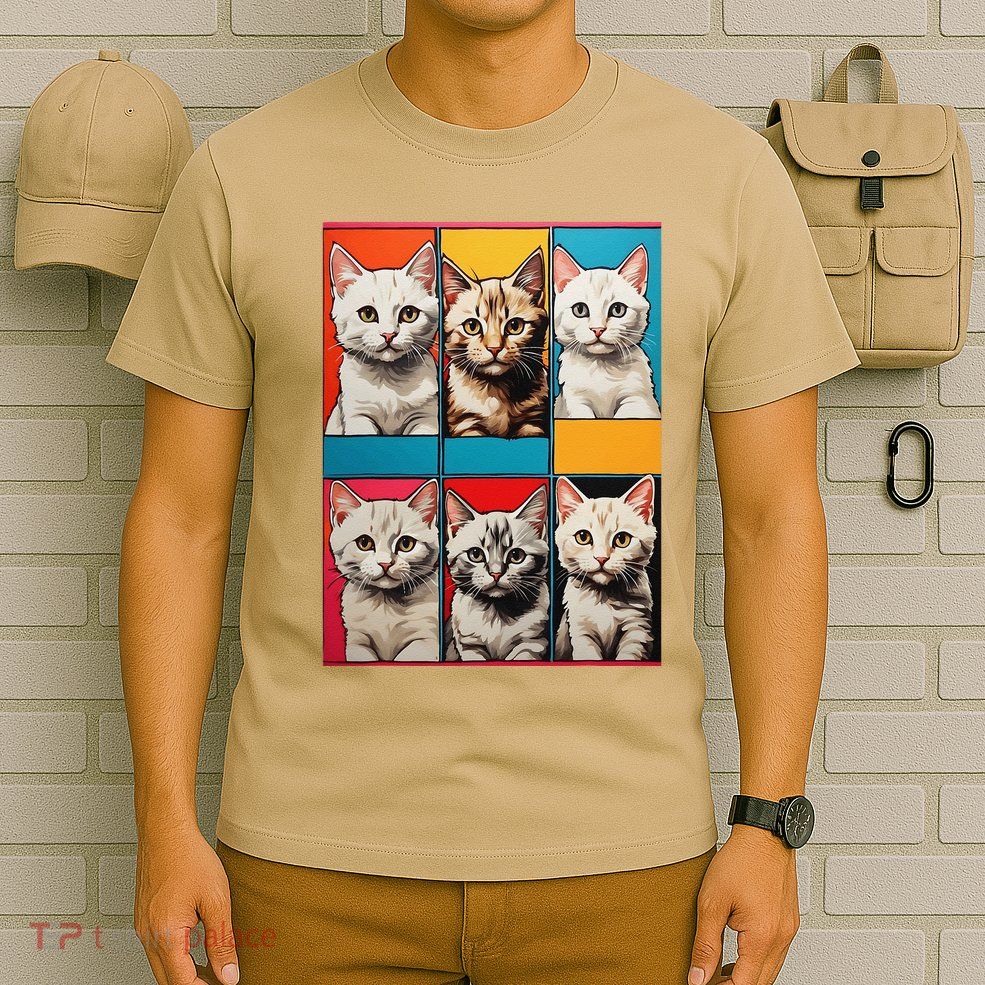 Pop Art Tabby Grid Colorful Feline Cat Faces Collage .Png T-Shirt