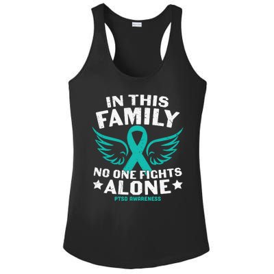 PTSD Awareness Teal Ribbon In This Family No One Fights Alone Ladies PosiCharge Competitor Racerback Tank