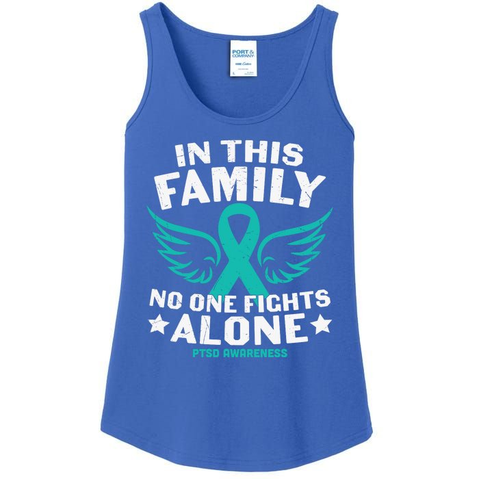 PTSD Awareness Teal Ribbon In This Family No One Fights Alone Ladies Essential Tank