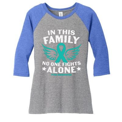 PTSD Awareness Teal Ribbon In This Family No One Fights Alone Women's Tri-Blend 3/4-Sleeve Raglan Shirt