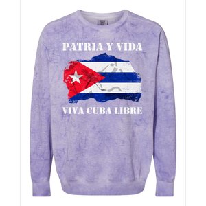 Patria Y Vida Viva Cuba Libre Distressed Cuban Flag Colorblast Crewneck Sweatshirt