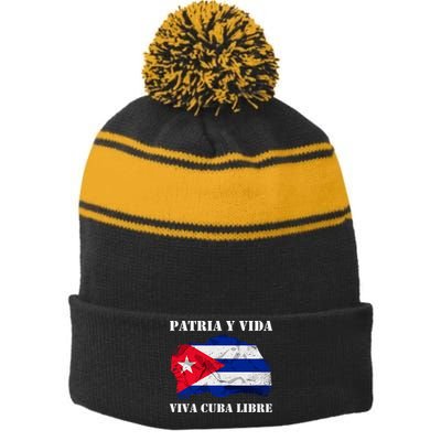 Patria Y Vida Viva Cuba Libre Distressed Cuban Flag Stripe Pom Pom Beanie