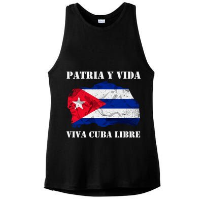 Patria Y Vida Viva Cuba Libre Distressed Cuban Flag Ladies PosiCharge Tri-Blend Wicking Tank