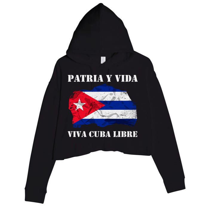 Patria Y Vida Viva Cuba Libre Distressed Cuban Flag Crop Fleece Hoodie