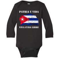 Patria Y Vida Viva Cuba Libre Distressed Cuban Flag Baby Long Sleeve Bodysuit