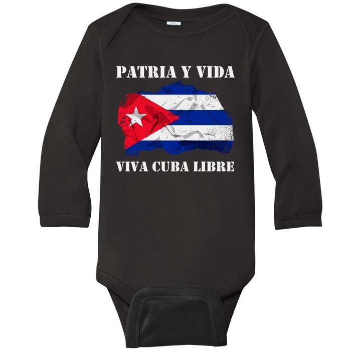 Patria Y Vida Viva Cuba Libre Distressed Cuban Flag Baby Long Sleeve Bodysuit