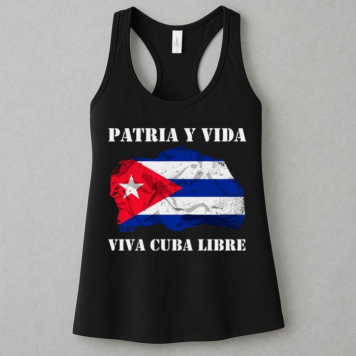 Patria Y Vida Viva Cuba Libre Distressed Cuban Flag Womens Tank Top