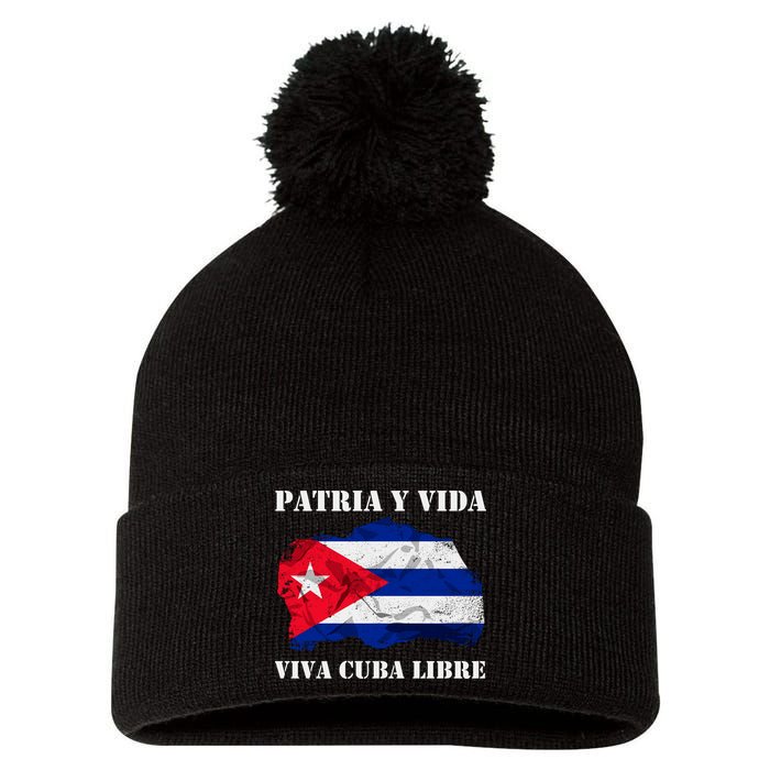 Patria Y Vida Viva Cuba Libre Distressed Cuban Flag Pom Pom 12in Knit Beanie