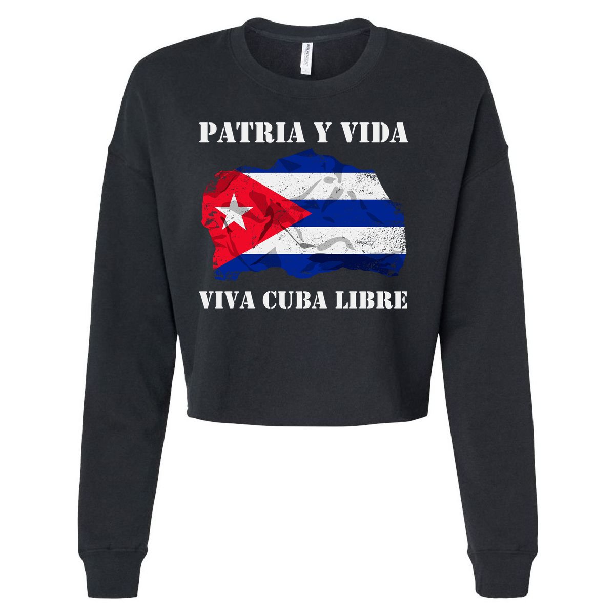 Patria Y Vida Viva Cuba Libre Distressed Cuban Flag Cropped Pullover Crew