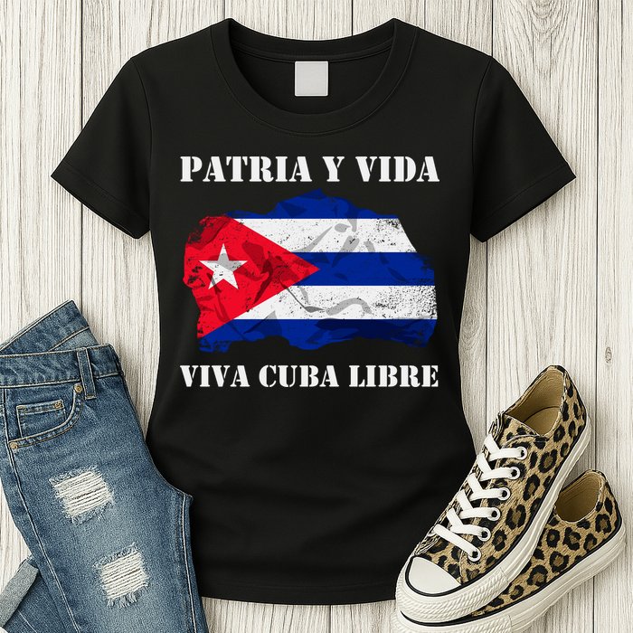 Patria Y Vida Viva Cuba Libre Distressed Cuban Flag Womens T-Shirt