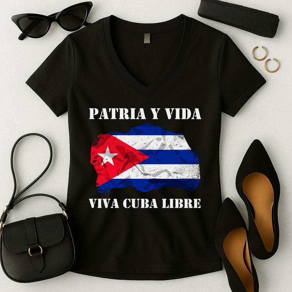 Patria Y Vida Viva Cuba Libre Distressed Cuban Flag Women's V-Neck T-Shirt